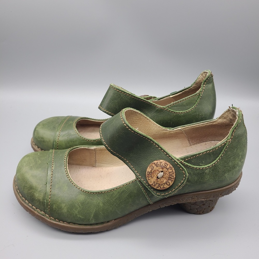 El Naturalista Green Leather Mary Jane Pumps Wood Button Heels EU 39